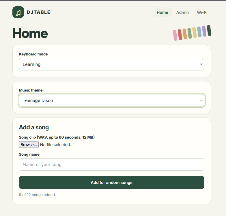 Home page with Learning mode, theme selector and song upload