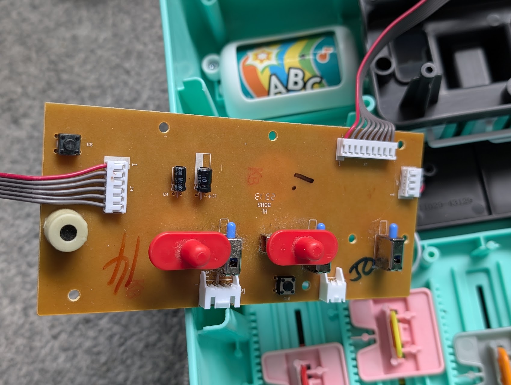 The original brown DJ Table circuit board and switches