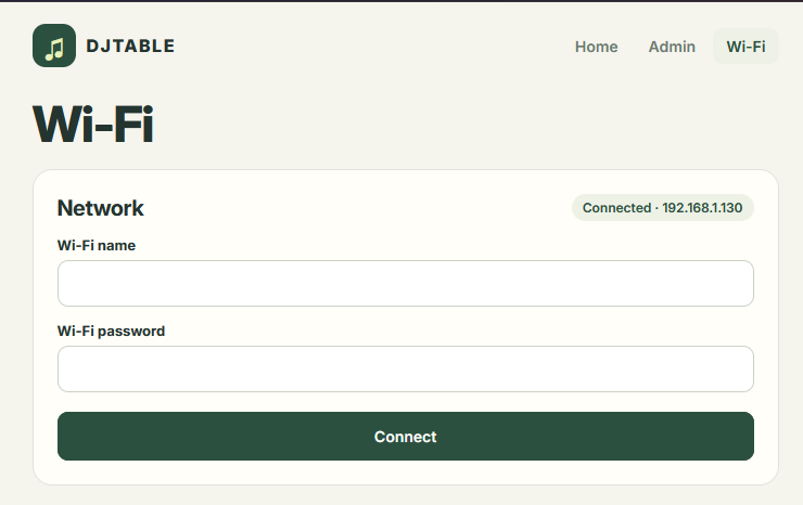 Wi-Fi page with fields for a new network name and password